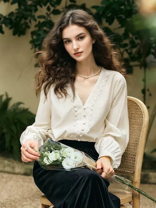 Heidi V-Neck Lace Embroidery Blouse sold by Simple Retro