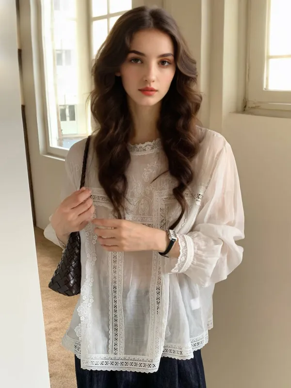 Itzel Round Neck Lace Blouse sold by Simple Retro