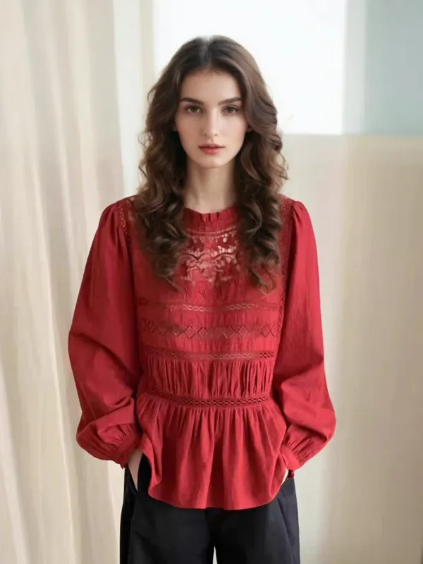 Amora Stand Collar Lace Trim Bell Sleeves Blouse sold by Simple Retro