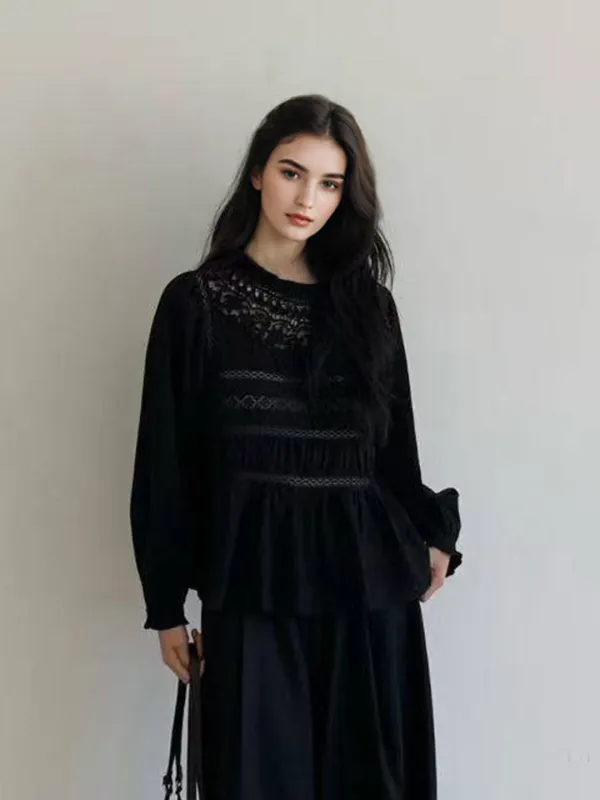 Amora Stand Collar Lace Trim Bell Sleeves Blouse sold by Simple Retro