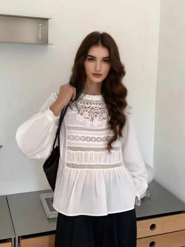 Amora Stand Collar Lace Trim Bell Sleeves Blouse sold by Simple Retro