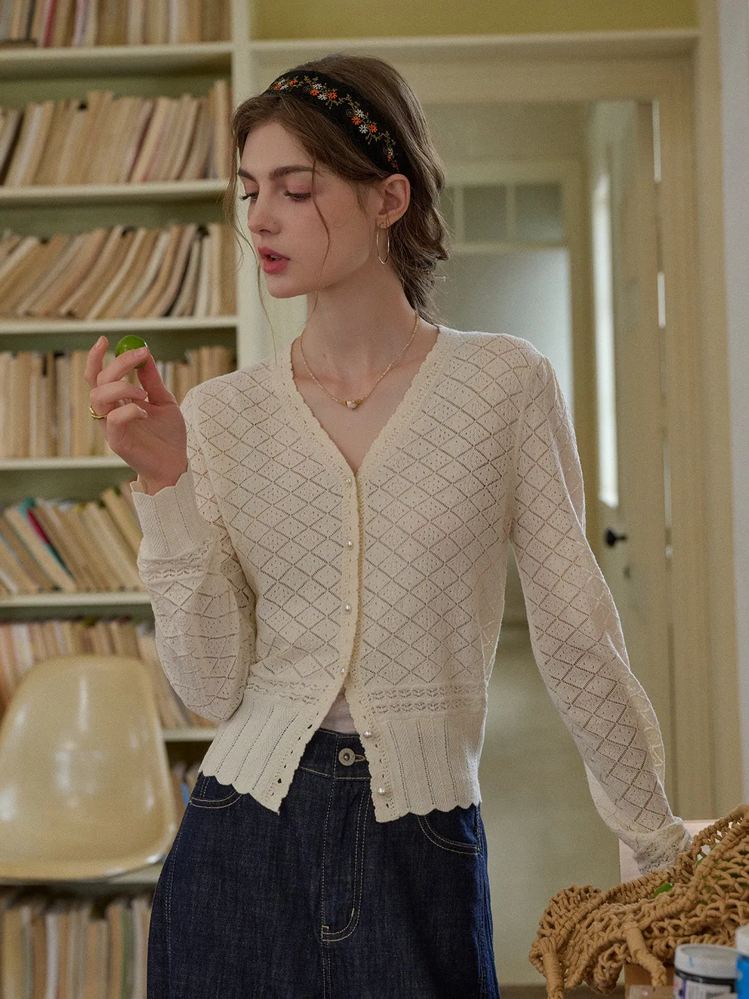 Raelyn V-Neck Texture Cotton Cardigan sold by Simple Retro product image thumbnail 4