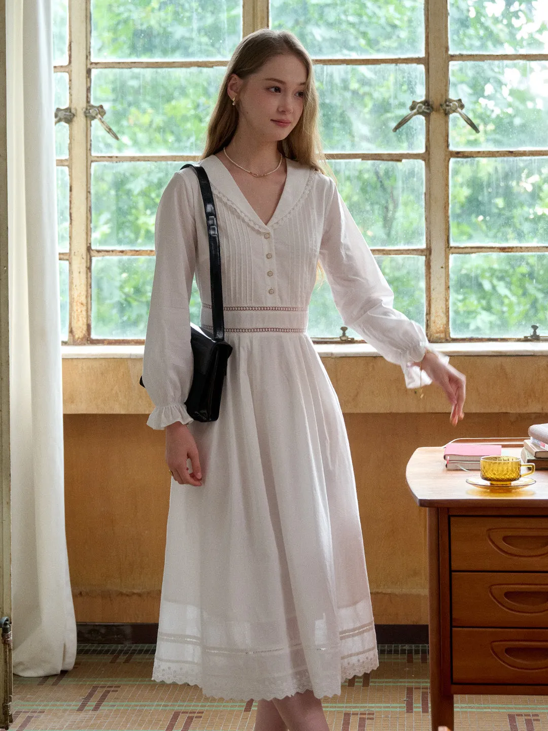 【Final Sale】Jenna V-Neck 100% Cotton White Dress sold by Simple Retro product image thumbnail 3