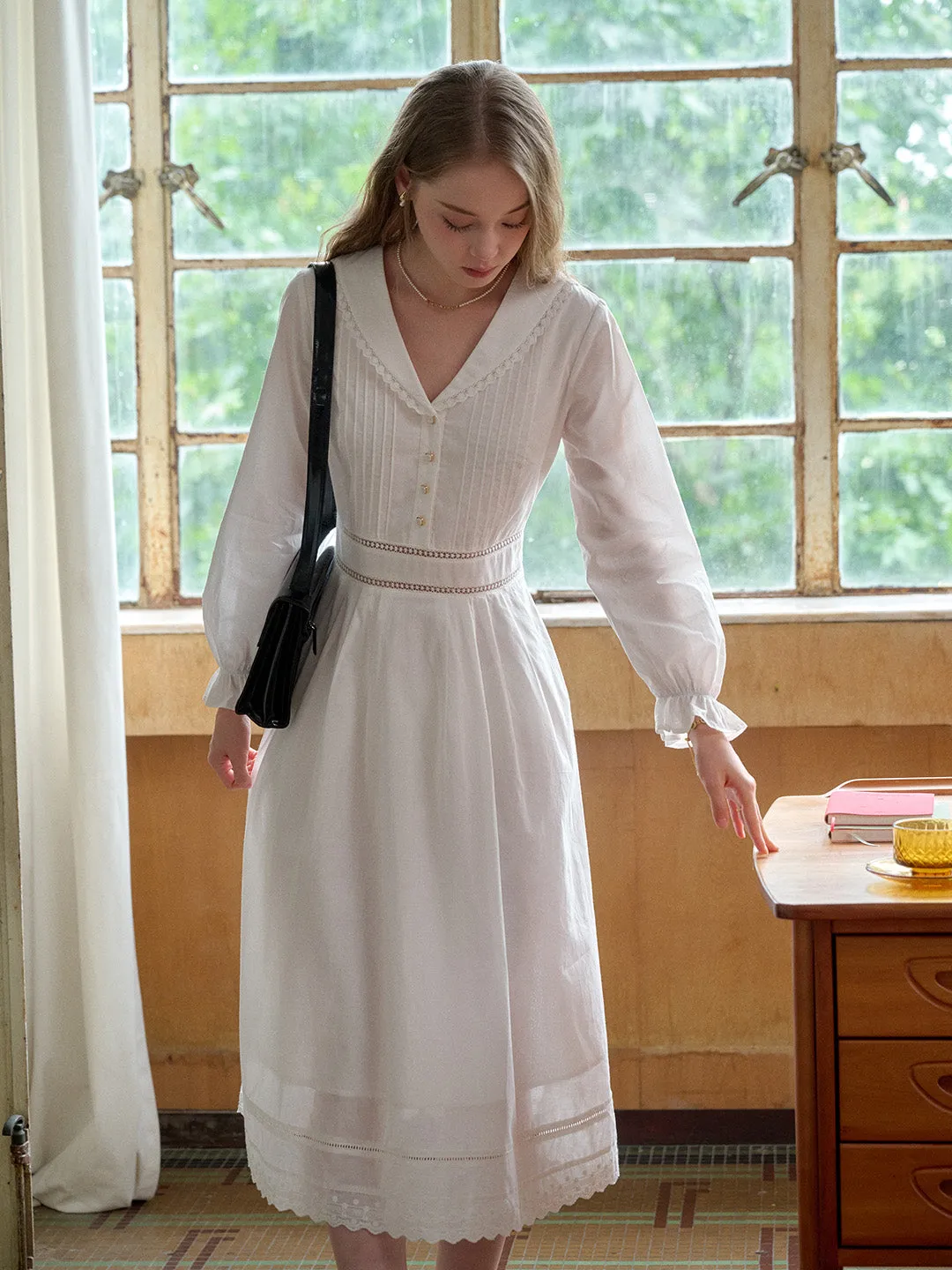 【Final Sale】Jenna V-Neck 100% Cotton White Dress sold by Simple Retro product image thumbnail 4