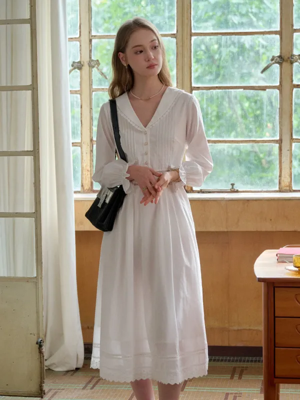 Jenna V-Neck 100% Cotton White Dress sold by Simple Retro
