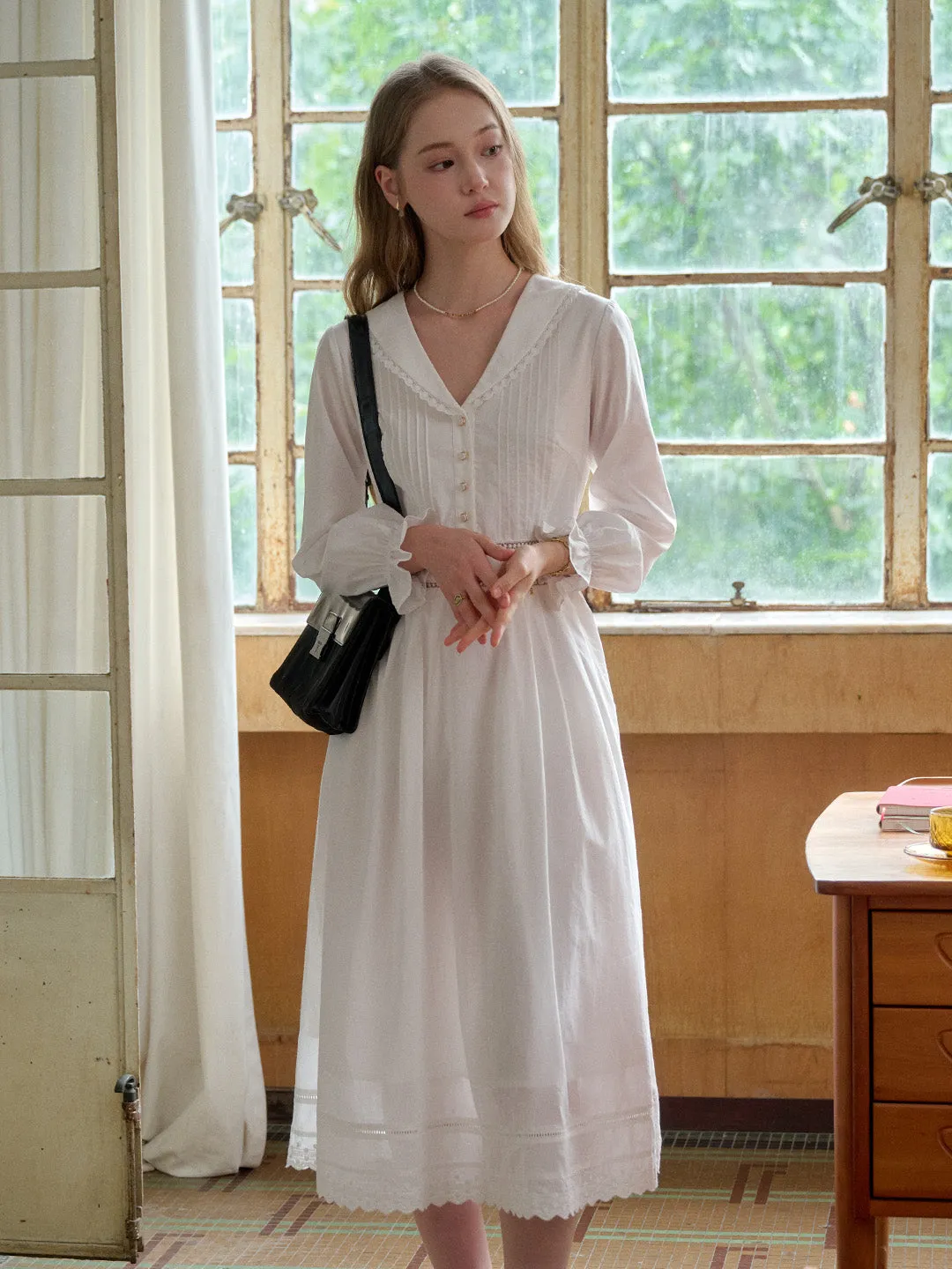 【Final Sale】Jenna V-Neck 100% Cotton White Dress sold by Simple Retro