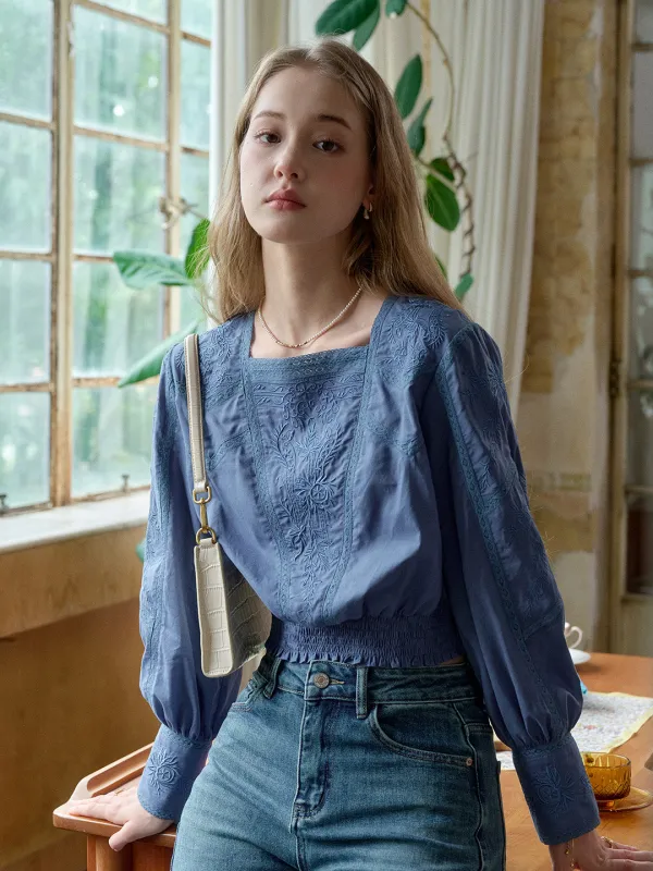 Oakley Square Neck Embroidery 100% Cotton Blouse sold by Simple Retro