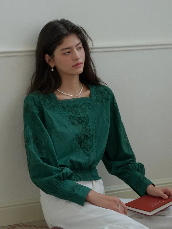 【Final Sale】Oakley Square Neck Embroidery 100% Cotton Blouse sold by Simple Retro