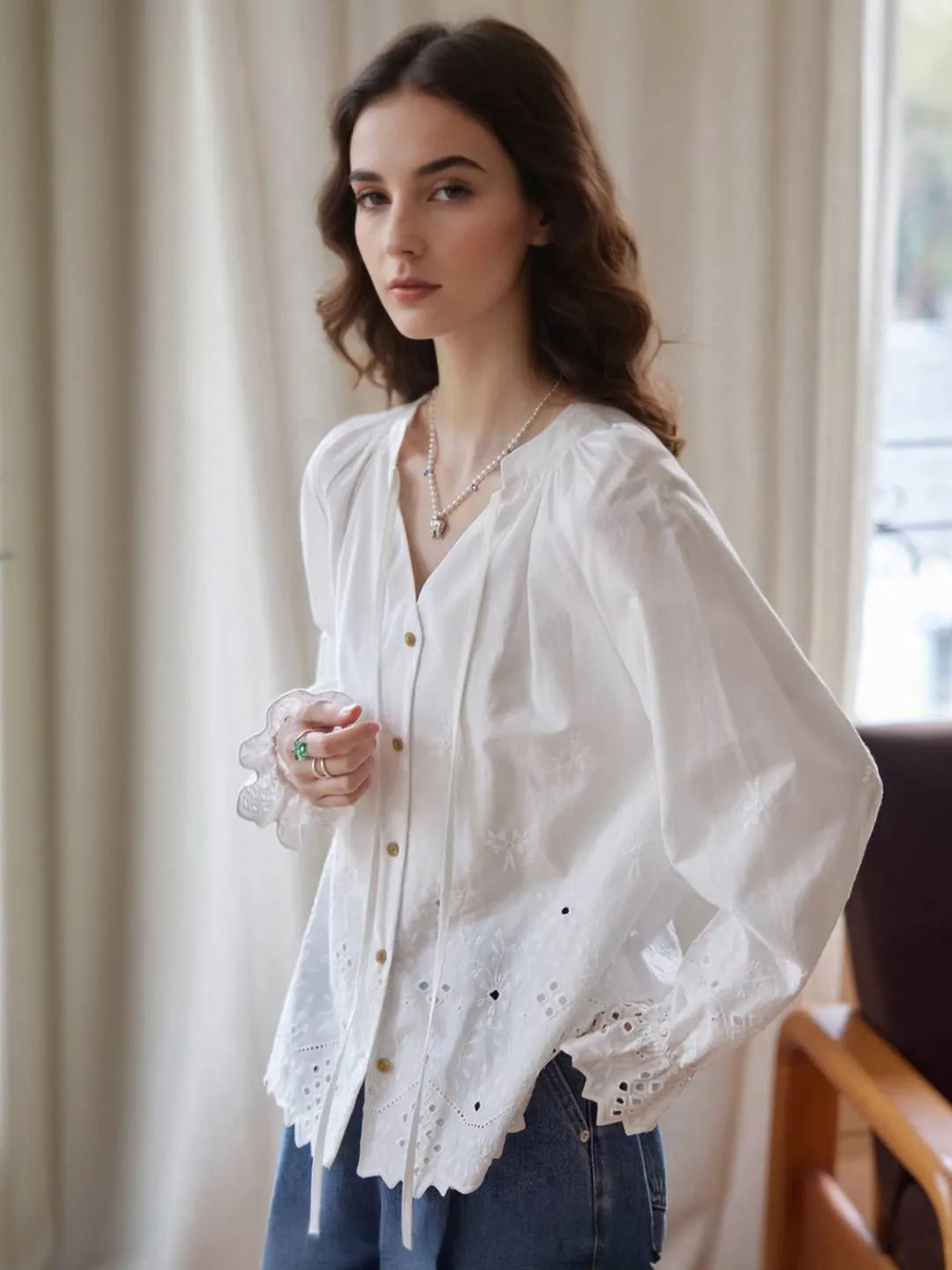 Frances V-Neck Embroidery Blouse sold by Simple Retro
