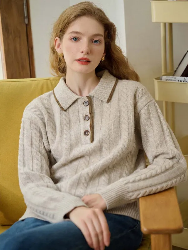 Emilia Polo Collar Cable-Knit Apricot 100% Wool Sweater sold by Simple Retro