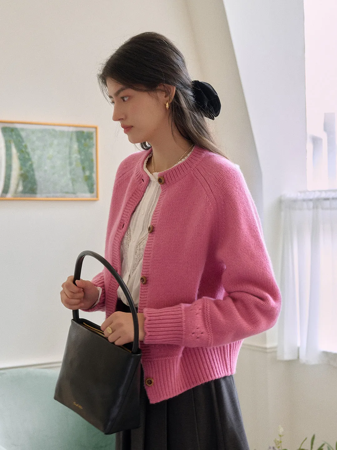 Alicia Round Neck Short 100%Wool Cardigan sold by Simple Retro product image thumbnail 4