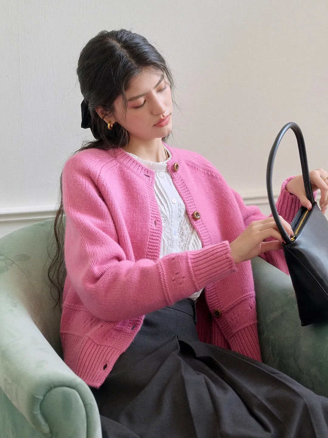 Alicia Round Neck Short 100%Wool Cardigan sold by Simple Retro product image thumbnail 5