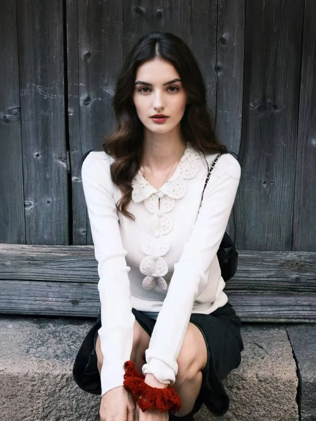 Jennifer Ruffle Collar Crochet Cardigan sold by Simple Retro