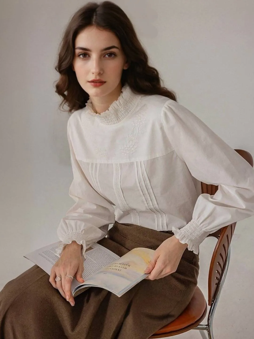 Imani Ruffle Collar Embroidery Blouse sold by Simple Retro