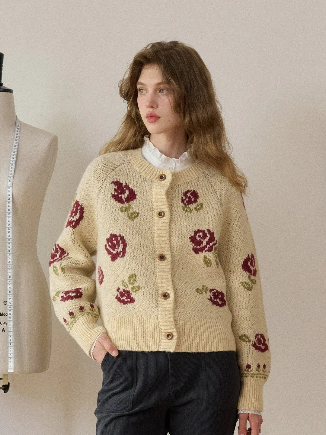 Katie Round Neck Jacquard Wool Cardigan sold by Simple Retro product image thumbnail 3