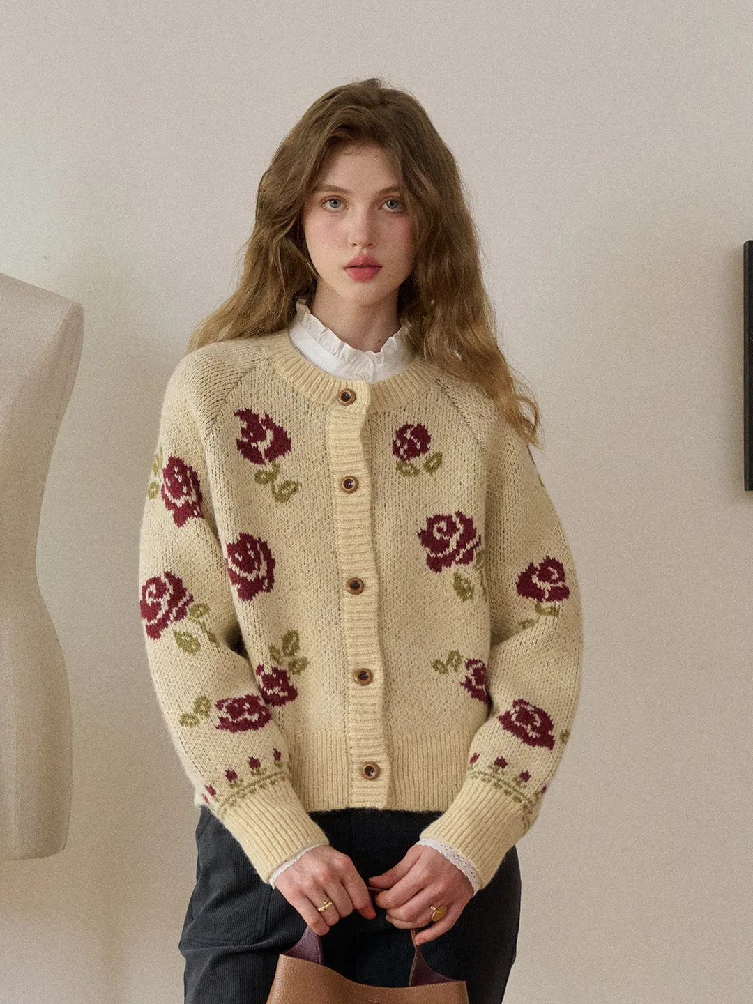 Katie Round Neck Jacquard Wool Cardigan sold by Simple Retro product image thumbnail 4