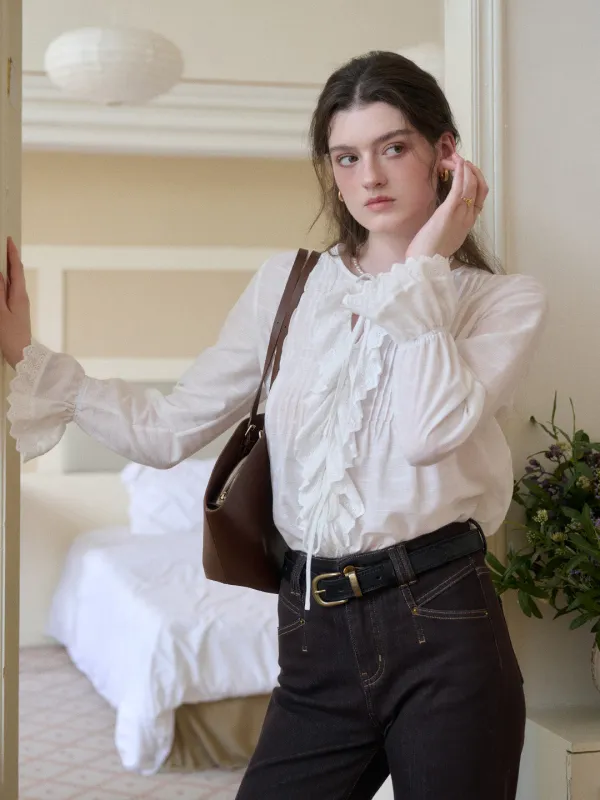 【Final Sale】Jayla Round Neck Pleats Trumpet Sleeve Blouse sold by Simple Retro