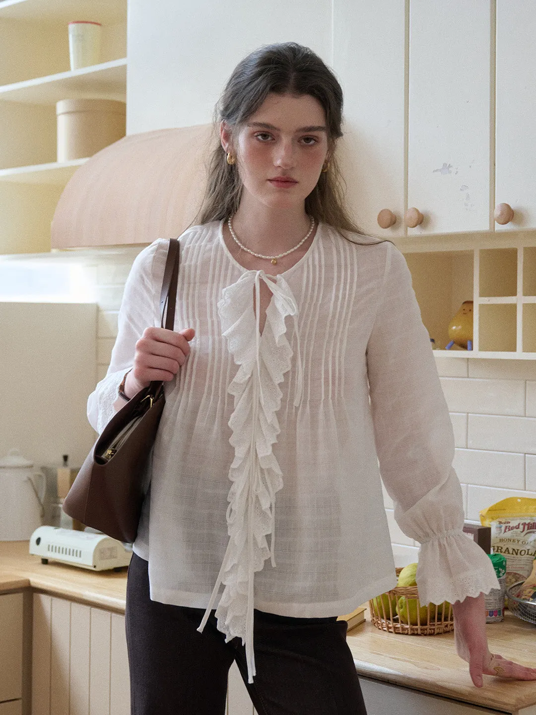 【Final Sale】Jayla Round Neck Pleats Trumpet Sleeve Blouse sold by Simple Retro product image thumbnail 5