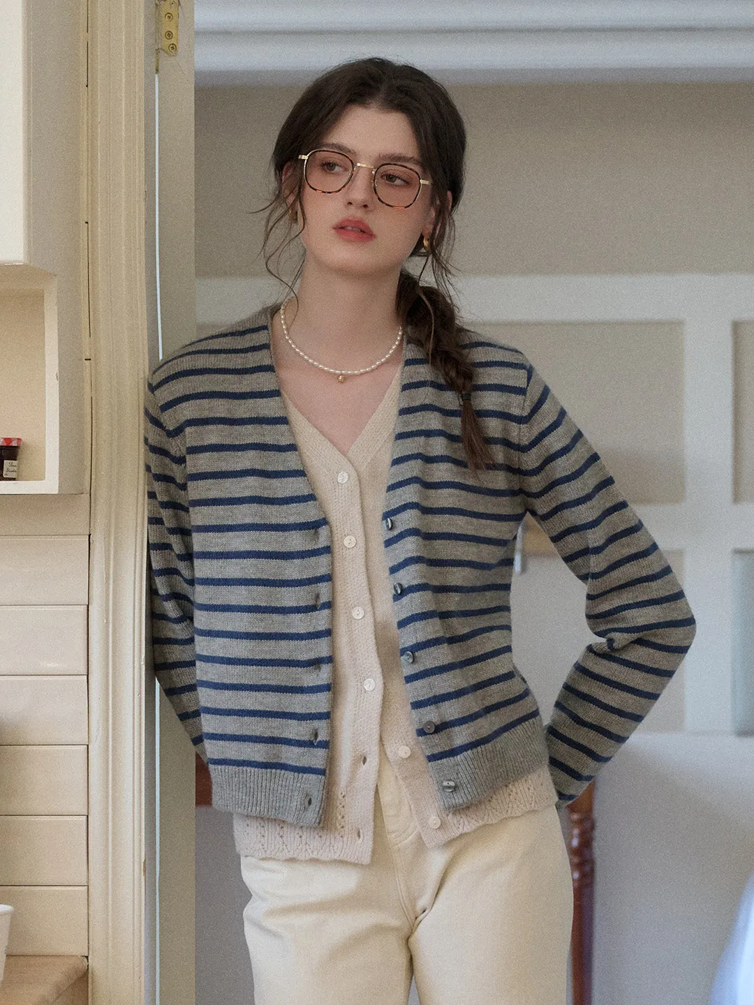Frankie V-Neck Stripe Wool Cardigan sold by Simple Retro product image thumbnail 4