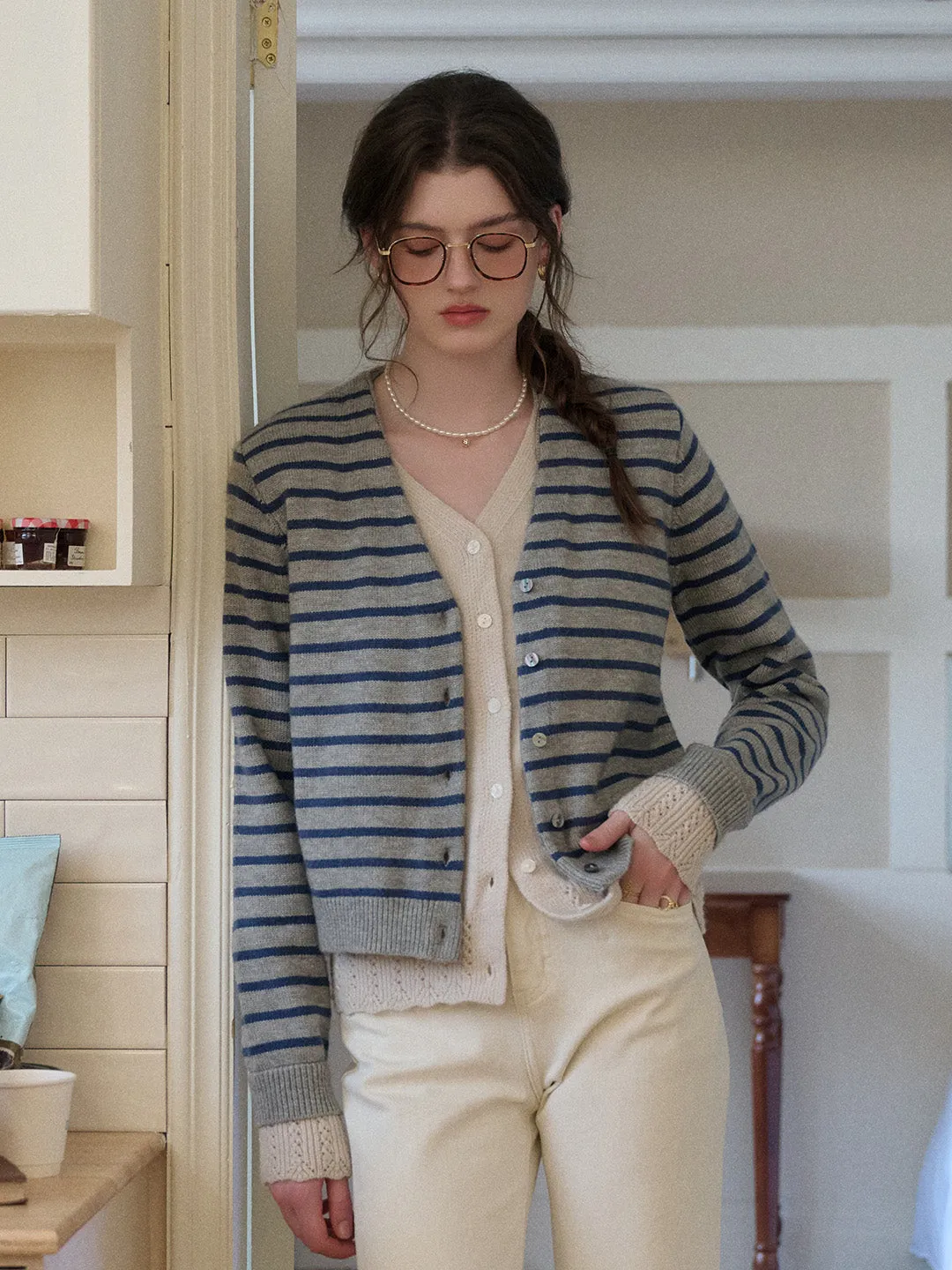 Frankie V-Neck Stripe Wool Cardigan sold by Simple Retro