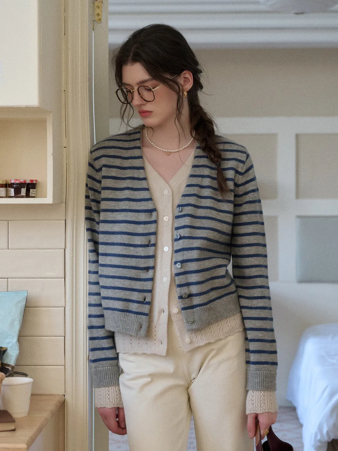 Frankie V-Neck Stripe Wool Cardigan sold by Simple Retro product image thumbnail 5