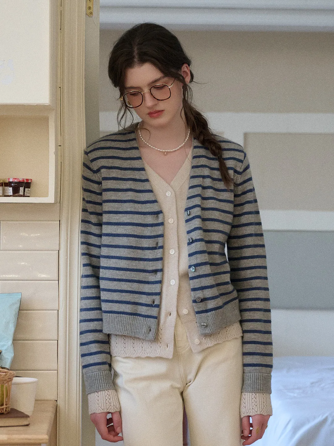 Frankie V-Neck Stripe Wool Cardigan sold by Simple Retro product image thumbnail 3