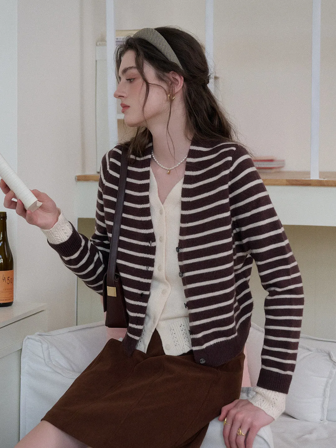 Frankie V-Neck Stripe Wool Cardigan sold by Simple Retro