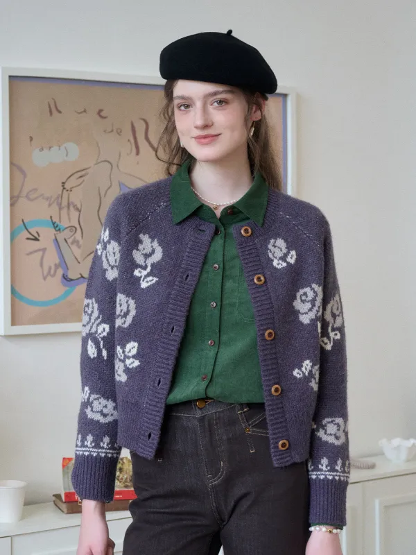 Katie Round Neck Jacquard Wool Cardigan sold by Simple Retro