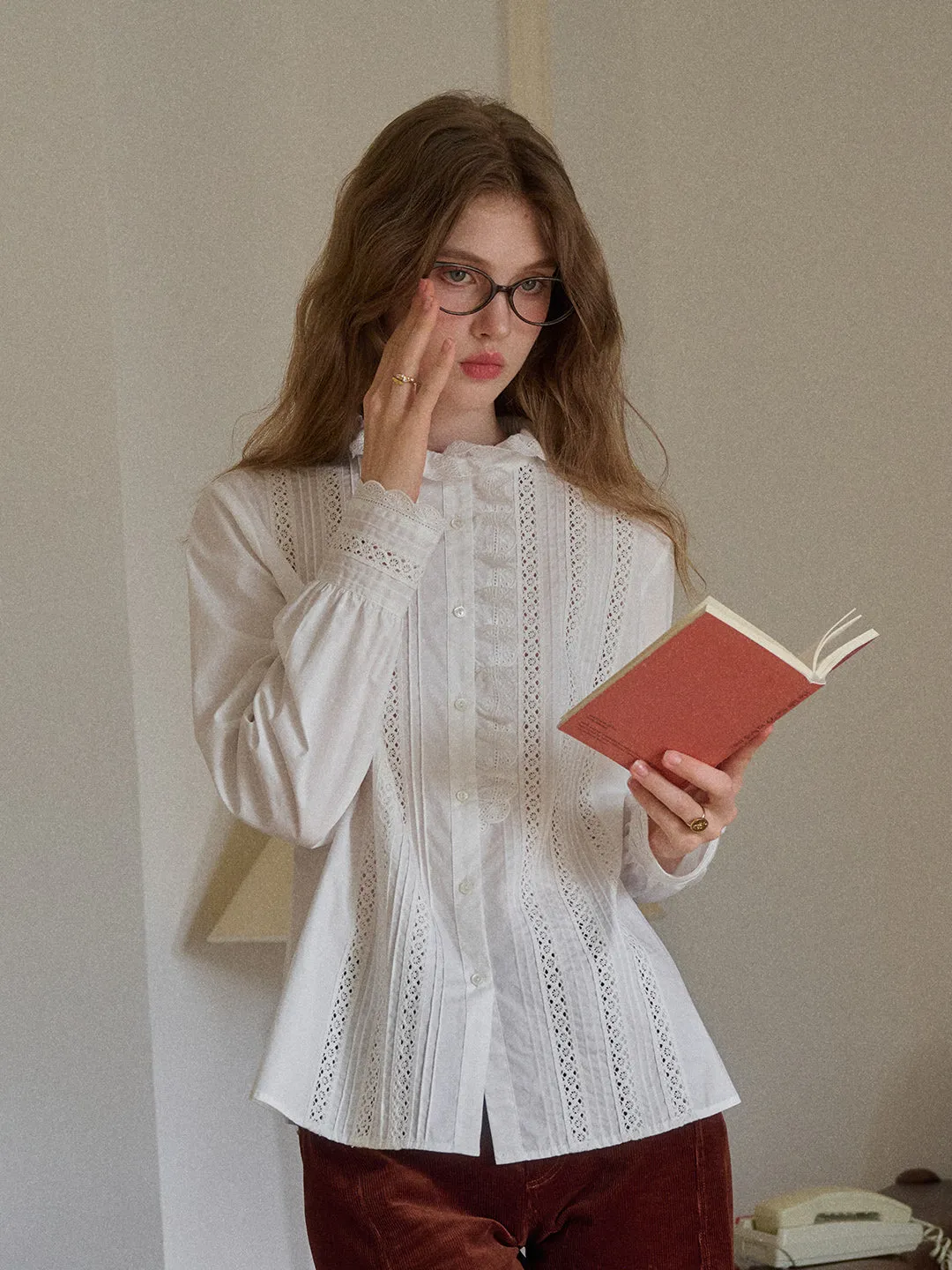 Journi Ruffle Collar Hollow 100% Cotton Blouse sold by Simple Retro product image thumbnail 3