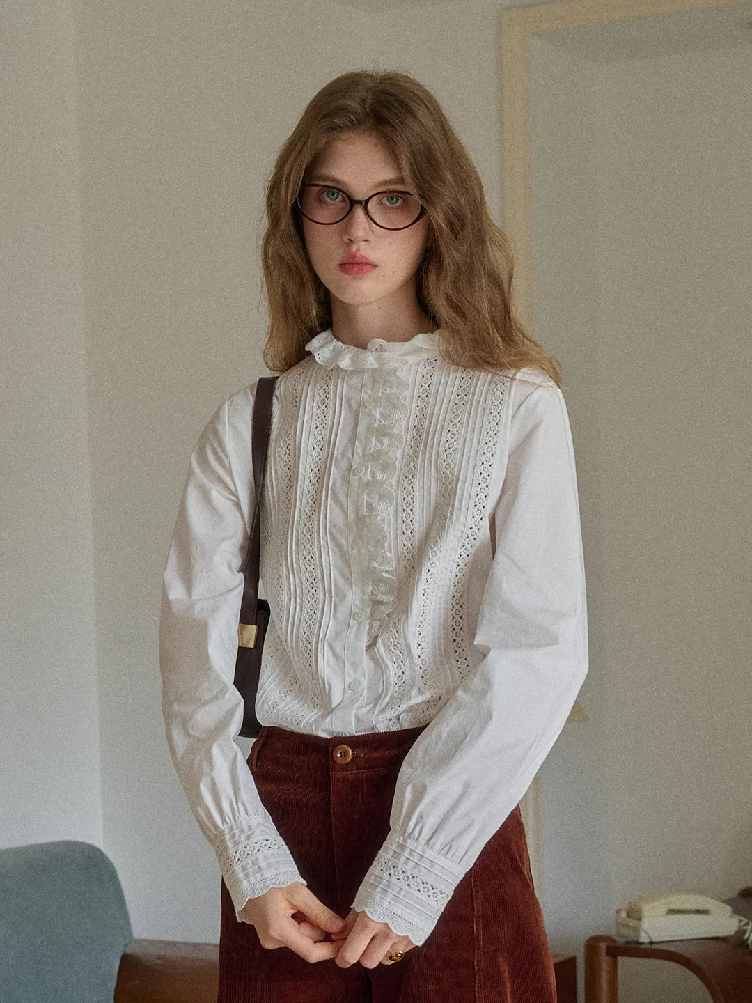 Journi Ruffle Collar Hollow 100% Cotton Blouse sold by Simple Retro product image thumbnail 4