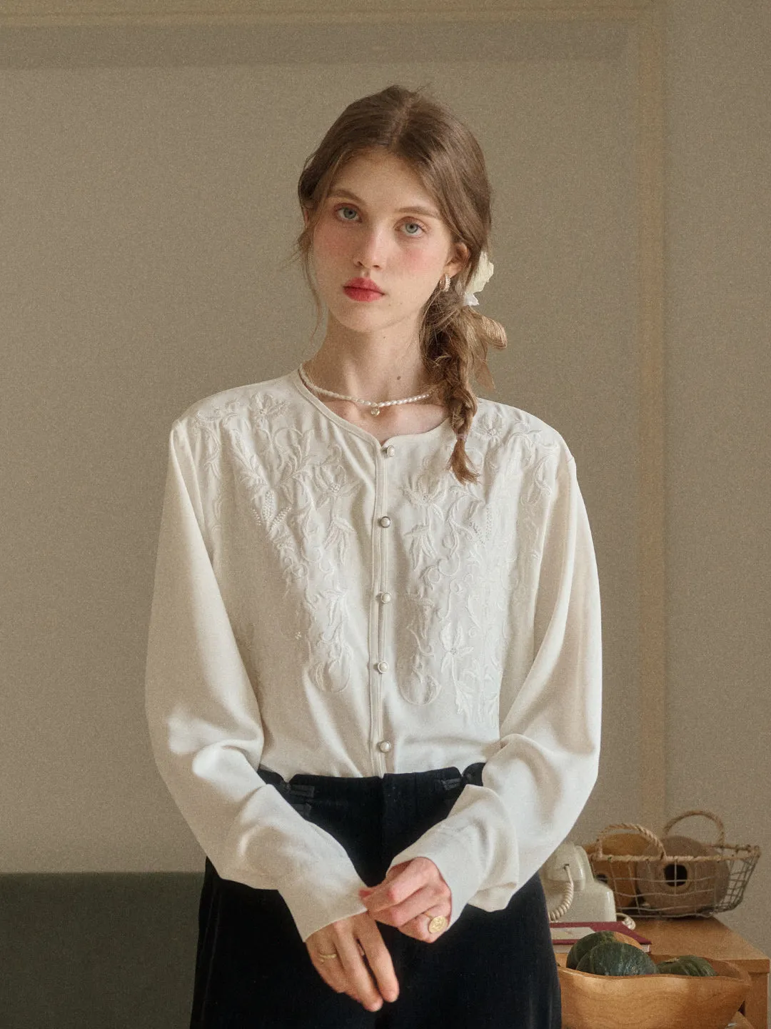 Amaia Round Neck Embroidery Blouse sold by Simple Retro