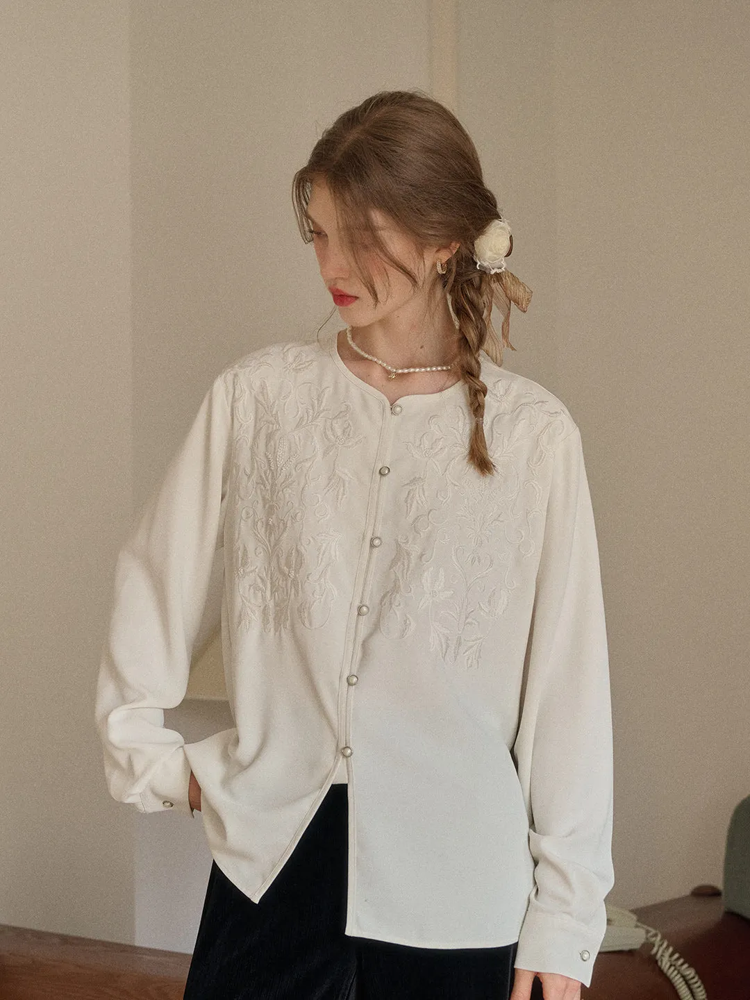 Amaia Round Neck Embroidery Blouse sold by Simple Retro product image thumbnail 4