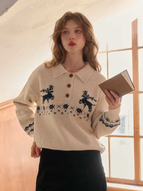Violeta Polo Collar Jacquard Wool Sweater sold by Simple Retro