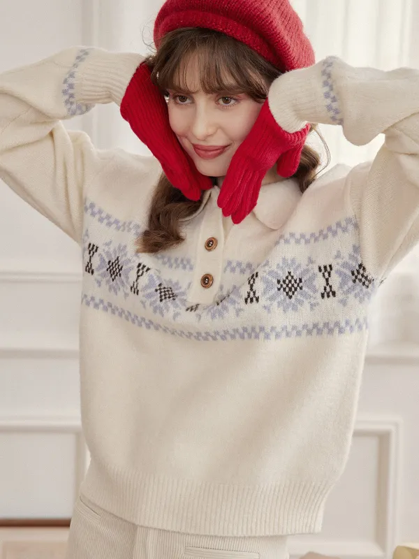 Norah Snowflake Jacquard Polo Fair Isle Knit Sweater made by Simple Retro