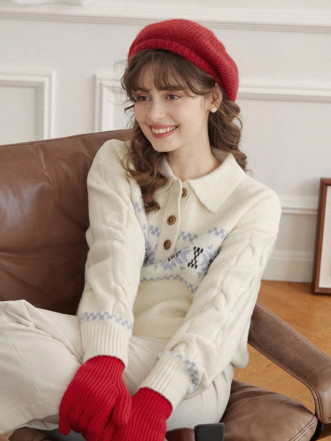Norah Snowflake Jacquard Polo Fair Isle Knit Sweater sold by Simple Retro product image thumbnail 4