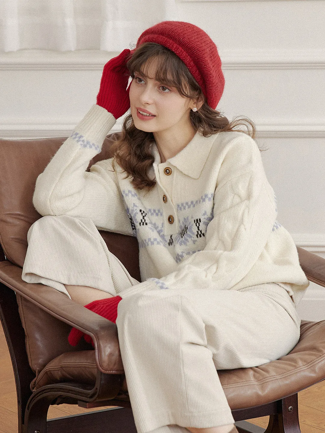 Norah Snowflake Jacquard Polo Fair Isle Knit Sweater sold by Simple Retro product image thumbnail 2