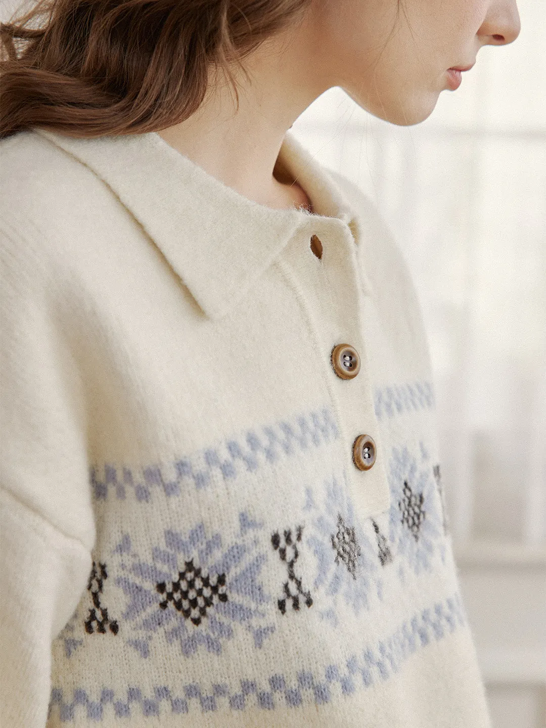 Norah Snowflake Jacquard Polo Fair Isle Knit Sweater sold by Simple Retro product image thumbnail 3