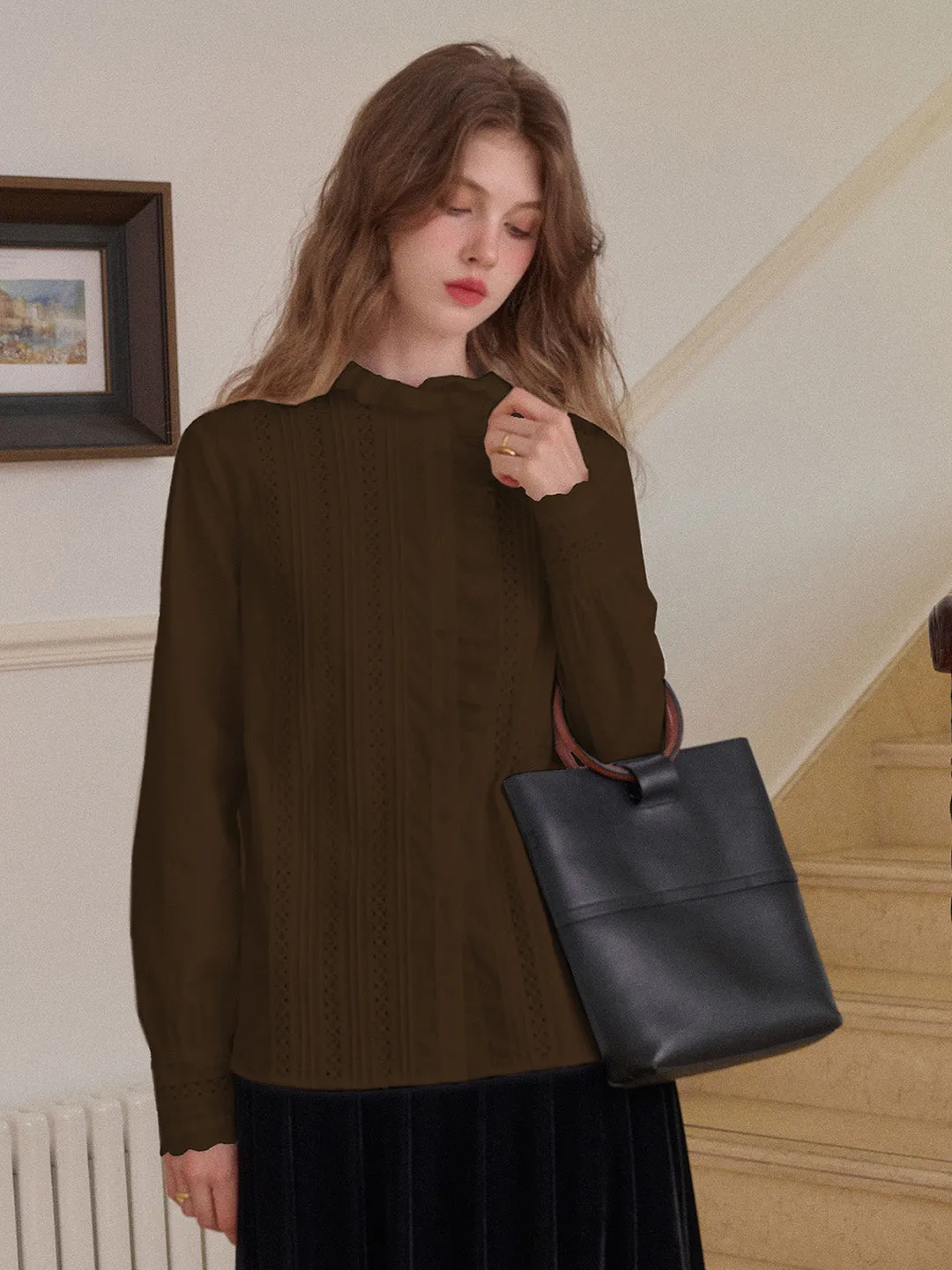 Journi Ruffle Collar Hollow 100% Cotton Blouse sold by Simple Retro product image thumbnail 3