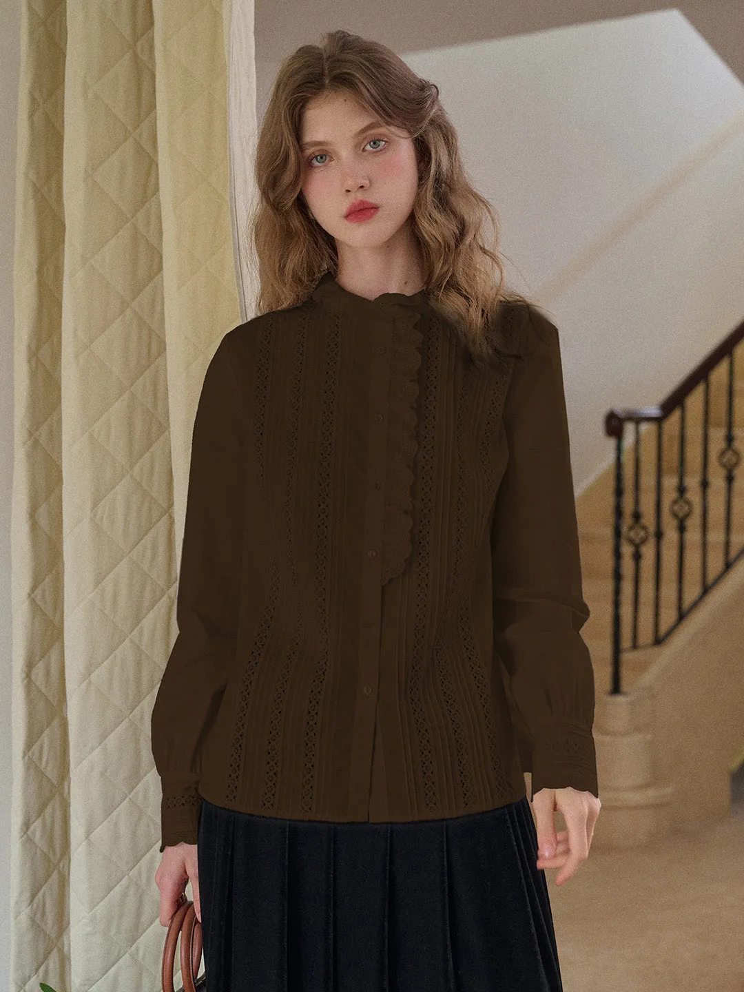 Journi Ruffle Collar Hollow 100% Cotton Blouse sold by Simple Retro