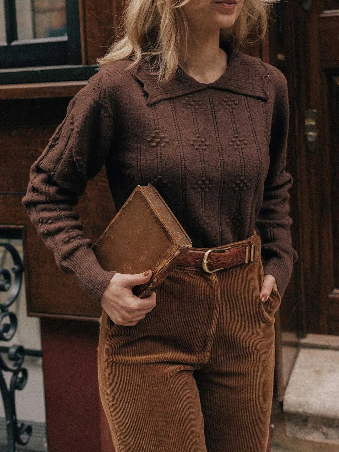 Jasmine Cable Polo Brown Knit Sweater sold by Simple Retro