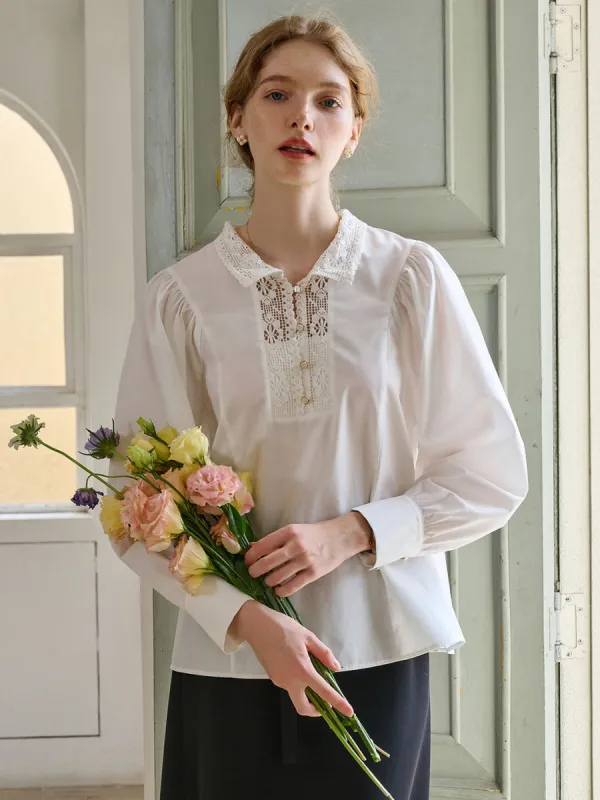 Hadleigh Lace Paneled Hollow Puff Sleeve Blouse sold by Simple Retro