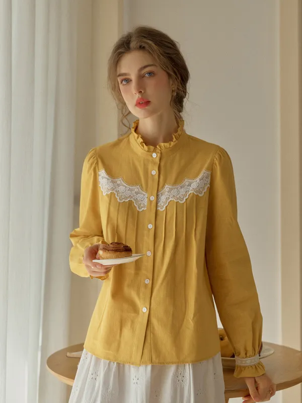 【Final Sale】Kitty Wavy Stand Collar Lace Blouse - Yellow sold by Simple Retro