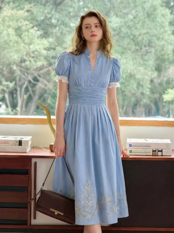 Ocean V-Neck Puff Sleeves Dress sold by Simple Retro