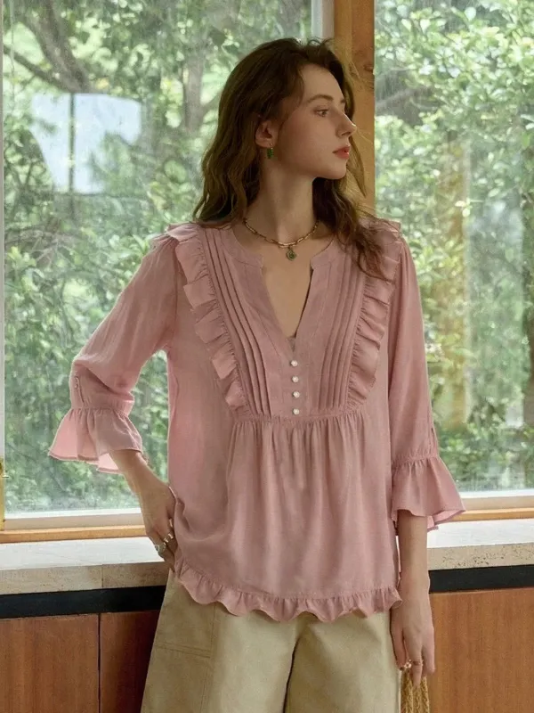 Iliana V-Neck Accordion Pleats Blouse sold by Simple Retro