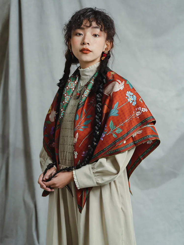 Chowxiaodou 16 Momme Large Square Slik Twill Scarf 106*106-Vintage Red sold by Simple Retro product image thumbnail 3