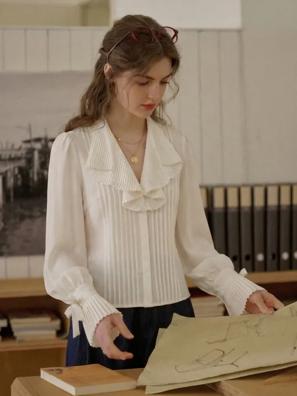 Jaycee V-Neck Accordion Pleats Blouse sold by Simple Retro