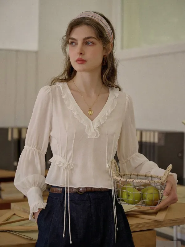 Winona V-Neck Ruffle Blouse sold by Simple Retro