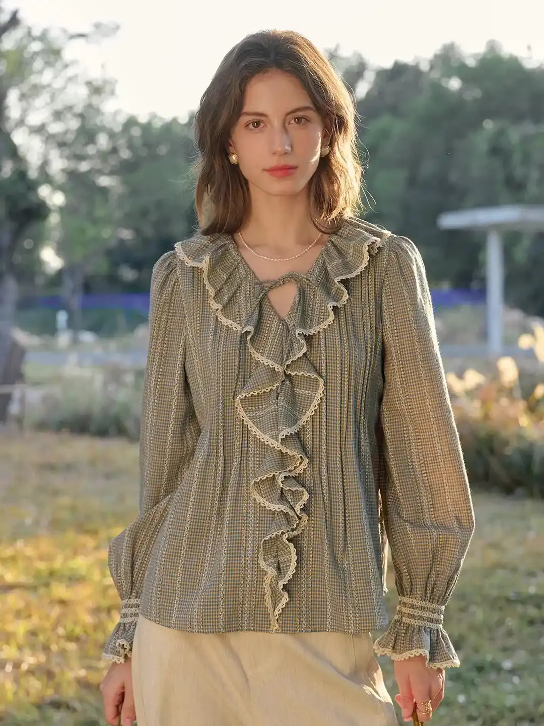 Celia V-Neck Ruffle Lace Blouse sold by Simple Retro