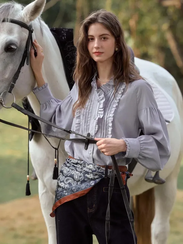 Henley Ruffle Collar Lyocell Blouse sold by Simple Retro