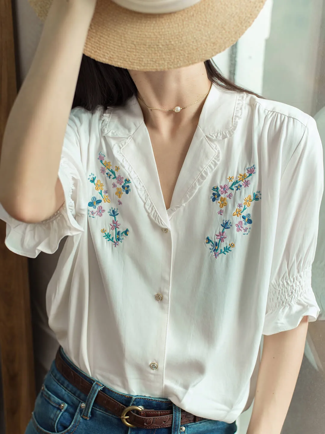 Alicia Floral Embroidery V-Neck Blouse White sold by Simple Retro